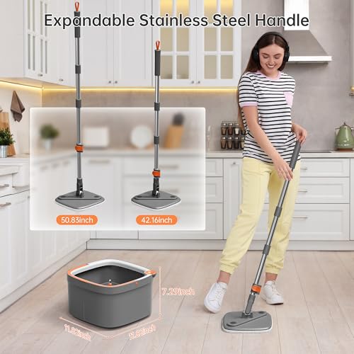 KZKR Spin Mop and Bucket Set with 2 Replaceable Microfiber Mop Pads with Self Separation Dirty and Clean Water System, Self Wringing 360° Rotating Square Mop Head for Hardwood Tile Marble Floors - Image 4
