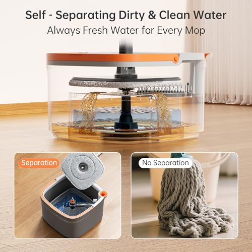 KZKR Spin Mop and Bucket Set with 2 Replaceable Microfiber Mop Pads with Self Separation Dirty and Clean Water System, Self Wringing 360° Rotating Square Mop Head for Hardwood Tile Marble Floors - Image 2
