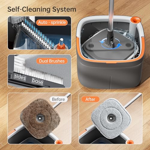 KZKR Spin Mop and Bucket Set with 2 Replaceable Microfiber Mop Pads with Self Separation Dirty and Clean Water System, Self Wringing 360° Rotating Square Mop Head for Hardwood Tile Marble Floors - Image 3