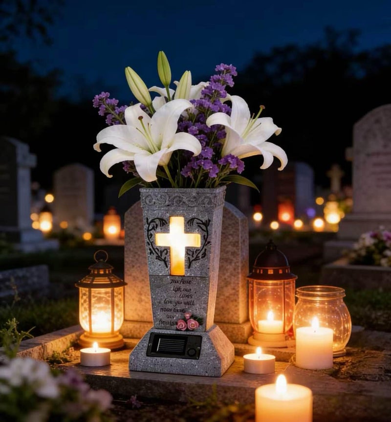 HUYIENO Solar Cemetery Grave Vase with LED for Fresh/Artificial Flowers Headstones Vases with Spikes Gravestone Decor Memorial Gifts for Loss of Loved One - Image 3
