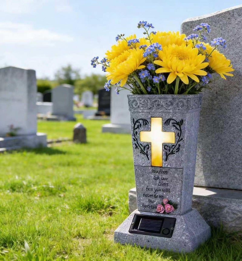 HUYIENO Solar Cemetery Grave Vase with LED for Fresh/Artificial Flowers Headstones Vases with Spikes Gravestone Decor Memorial Gifts for Loss of Loved One - Image 1