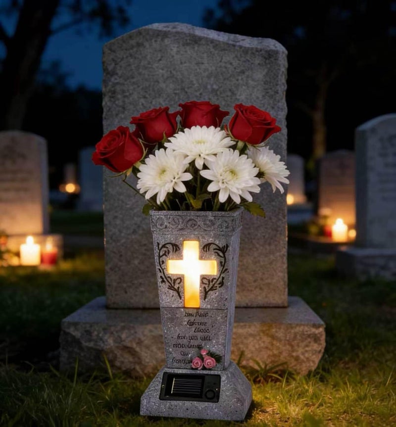 HUYIENO Solar Cemetery Grave Vase with LED for Fresh/Artificial Flowers Headstones Vases with Spikes Gravestone Decor Memorial Gifts for Loss of Loved One - Image 2