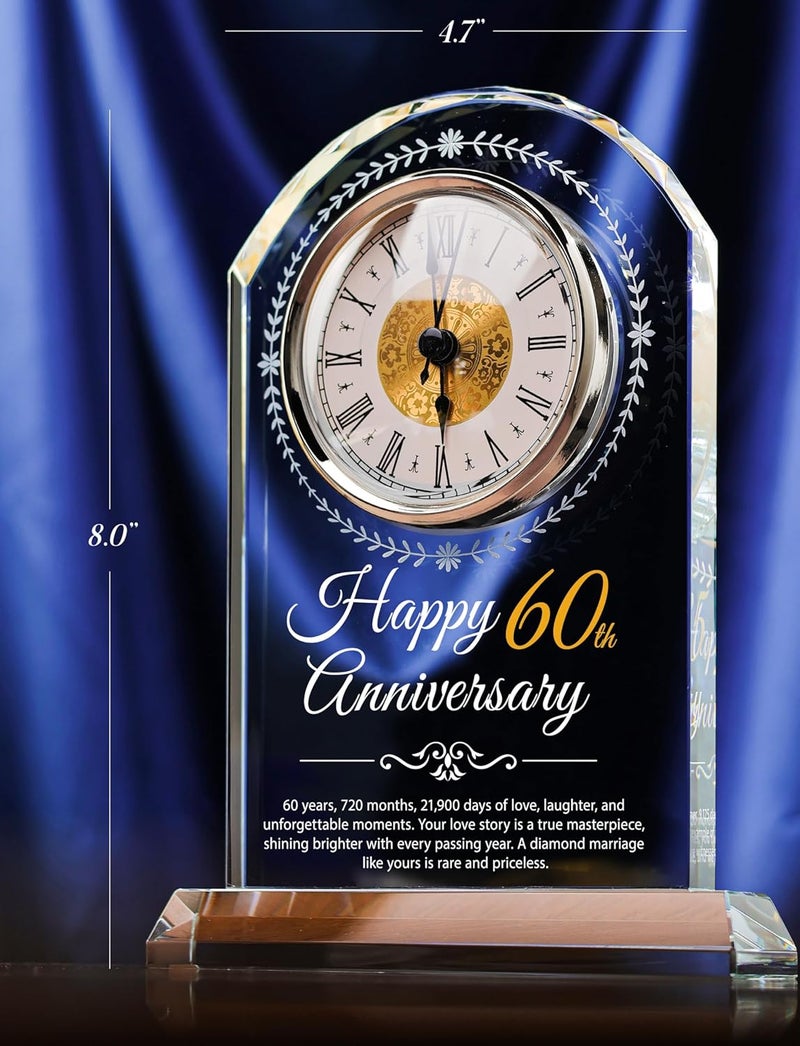 Sttokilly 60th Wedding Anniversary Crystal Quartz Clock,60 Years of Marriage Gift,Happy Diamond Anniversary Decoration Gift,for Parents,Grandparents,Couple - Image 2