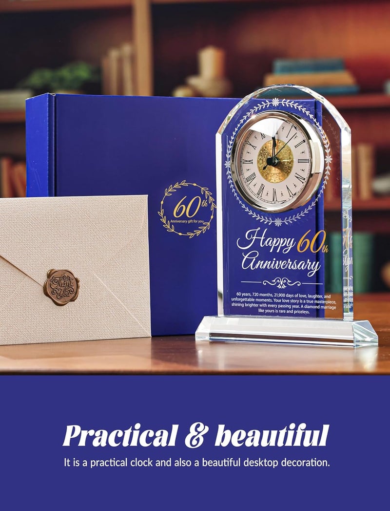 Sttokilly 60th Wedding Anniversary Crystal Quartz Clock,60 Years of Marriage Gift,Happy Diamond Anniversary Decoration Gift,for Parents,Grandparents,Couple - Image 3