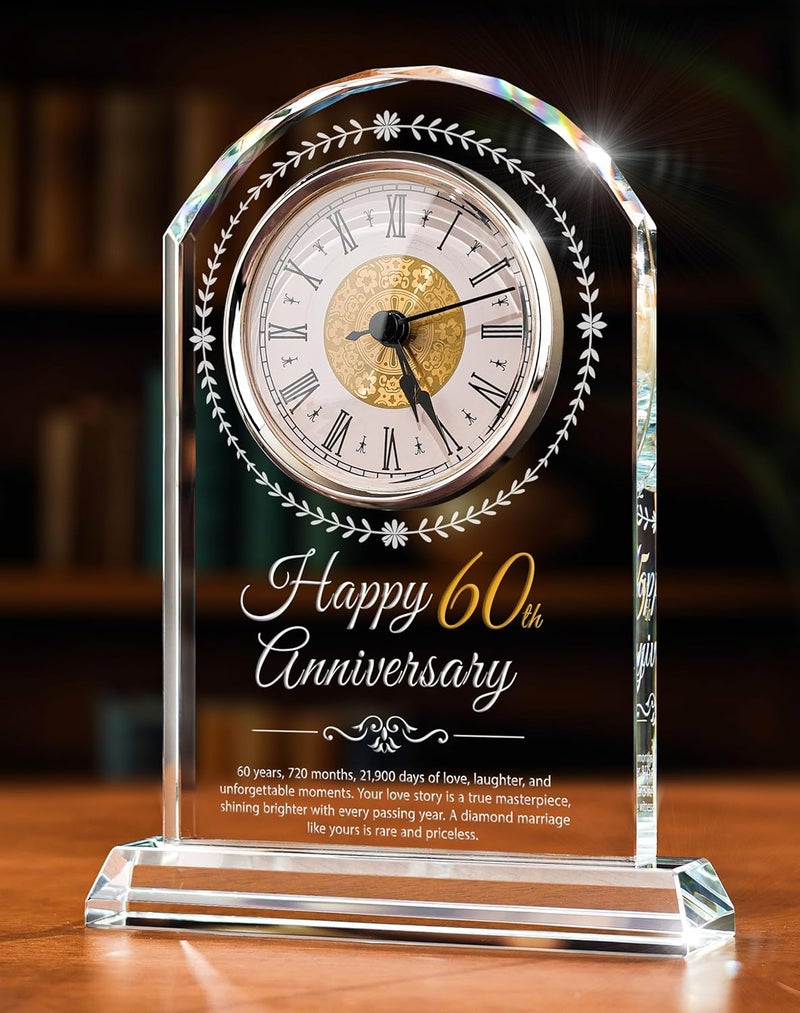Sttokilly 60th Wedding Anniversary Crystal Quartz Clock,60 Years of Marriage Gift,Happy Diamond Anniversary Decoration Gift,for Parents,Grandparents,Couple - Image 1