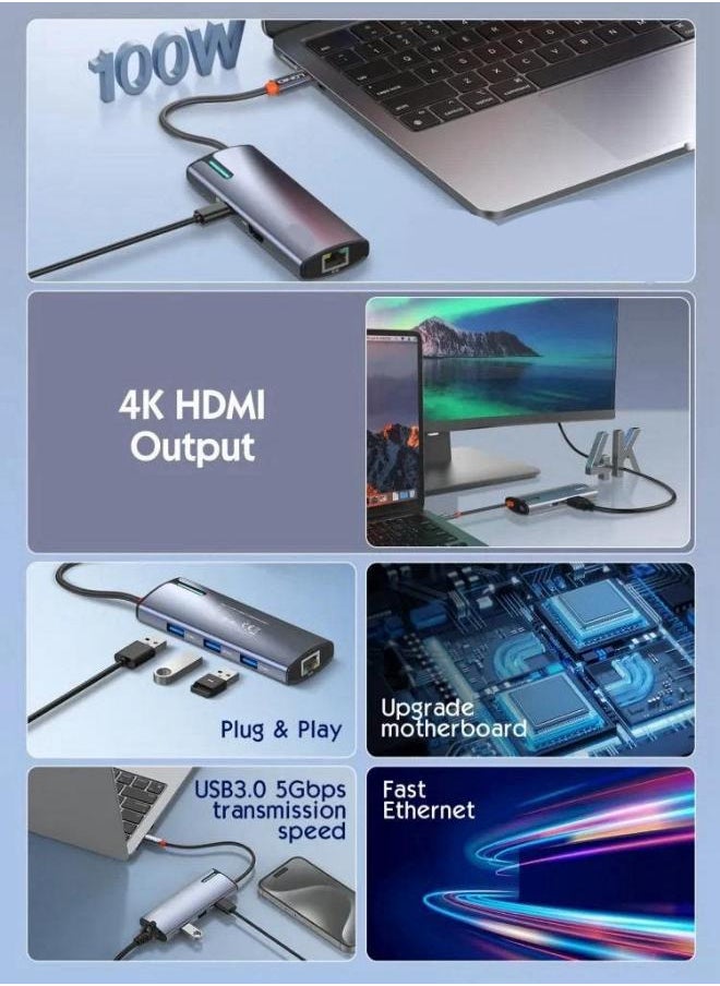 ماركة غير محددة 5 في 1 USB-c محول متعدد المنافذ Thunderbolt 3 محطة الإرساء محور منفذ إيثرنت USB 3.0 نوع C محول  - Image 4