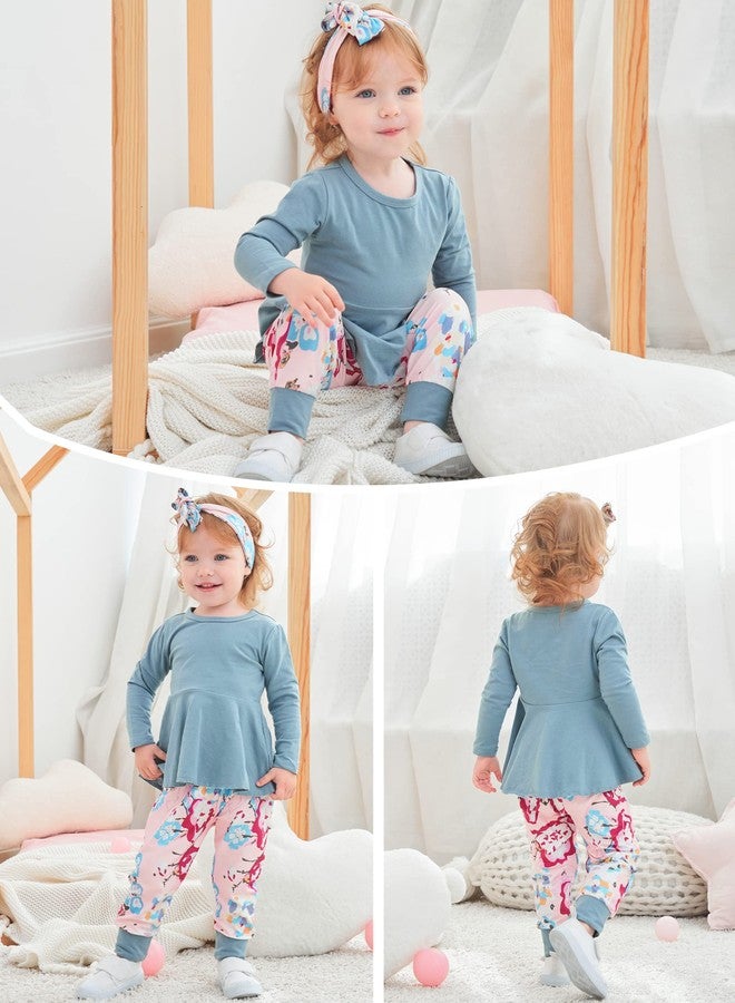 bilison Toddler Baby Girl Clothes Solid Color Ruffle Tops Floral Pants with Headband Outfit Set - Image 2