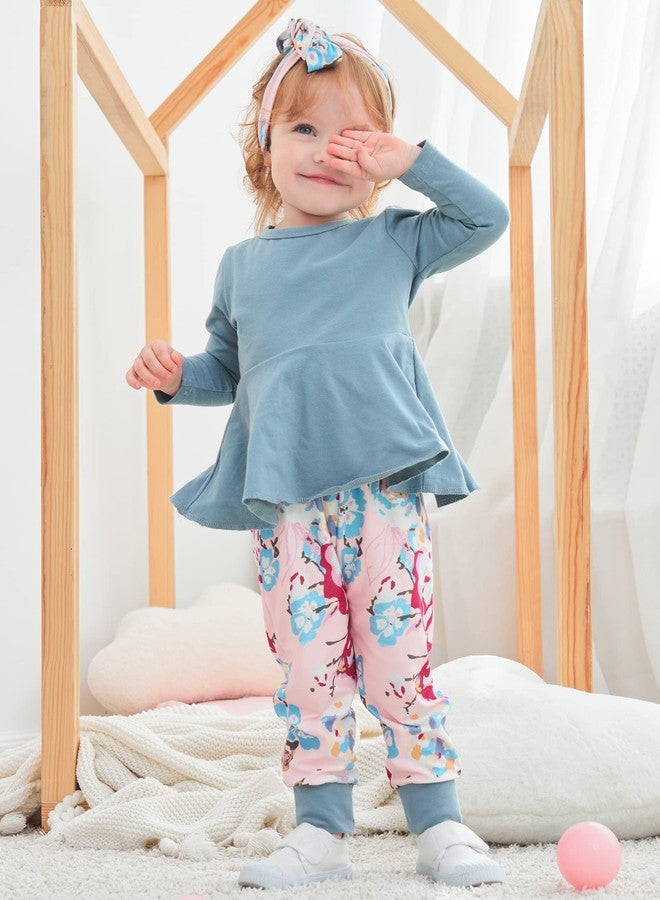 bilison Toddler Baby Girl Clothes Solid Color Ruffle Tops Floral Pants with Headband Outfit Set - Image 4