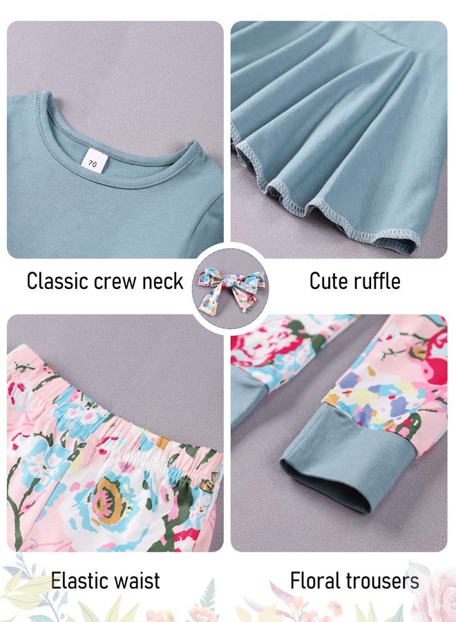 bilison Toddler Baby Girl Clothes Solid Color Ruffle Tops Floral Pants with Headband Outfit Set - Image 5