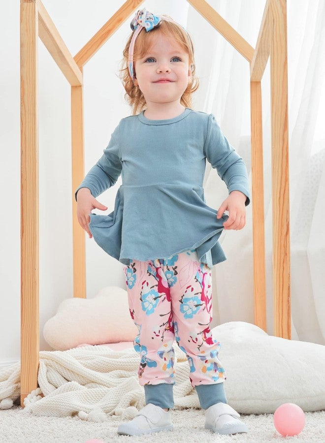 bilison Toddler Baby Girl Clothes Solid Color Ruffle Tops Floral Pants with Headband Outfit Set - Image 3