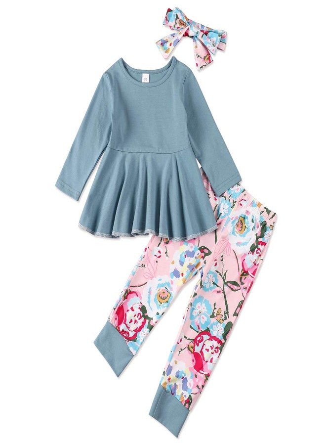 bilison Toddler Baby Girl Clothes Solid Color Ruffle Tops Floral Pants with Headband Outfit Set - Image 1
