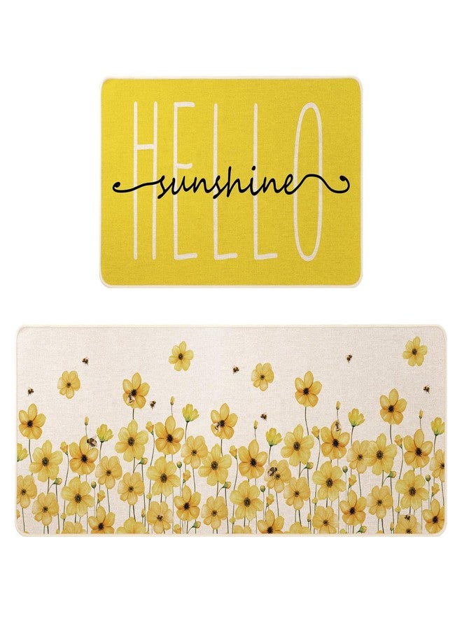 Siilues مجموعة سجادات مطبخ صيفية من Siilues، قطعتان، سجادات مطبخ Hello Sunshine Floral Bee منخفضة الارتفاع وغير قابلة للانزلاق، ديكور منزلي موسمي، مقاس 17×29 و17×47 بوصة - Image 1
