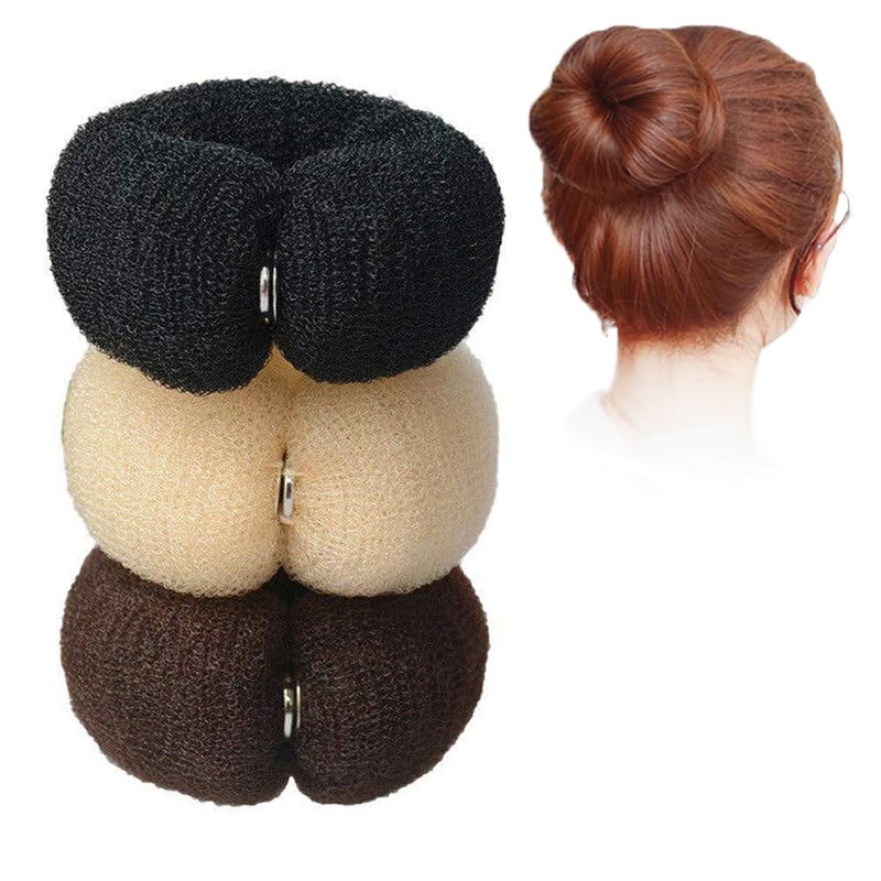 Elandy 3Pcs Nylon Women Hair Bun Maker with Invisible Button Doughnuts Sock Bun Ring Styler Maker Ballet Hair Crown Shapers Accessories for Dancer Yoga Black Beige Dark Brown 