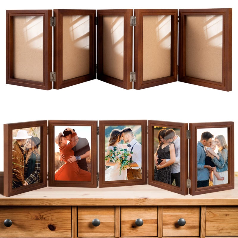 Big Gun 5 Folding 5"" x 7"" Hinged Picture Frame- Natural Wood Foldable Photo Frame Vintage Family Picture Frame Collage with Clear Acrylic Board for Desk Home Office Vertical Decor (Brown) - Image 2