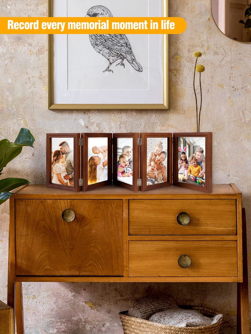 Big Gun 5 Folding 5"" x 7"" Hinged Picture Frame- Natural Wood Foldable Photo Frame Vintage Family Picture Frame Collage with Clear Acrylic Board for Desk Home Office Vertical Decor (Brown) - Image 3