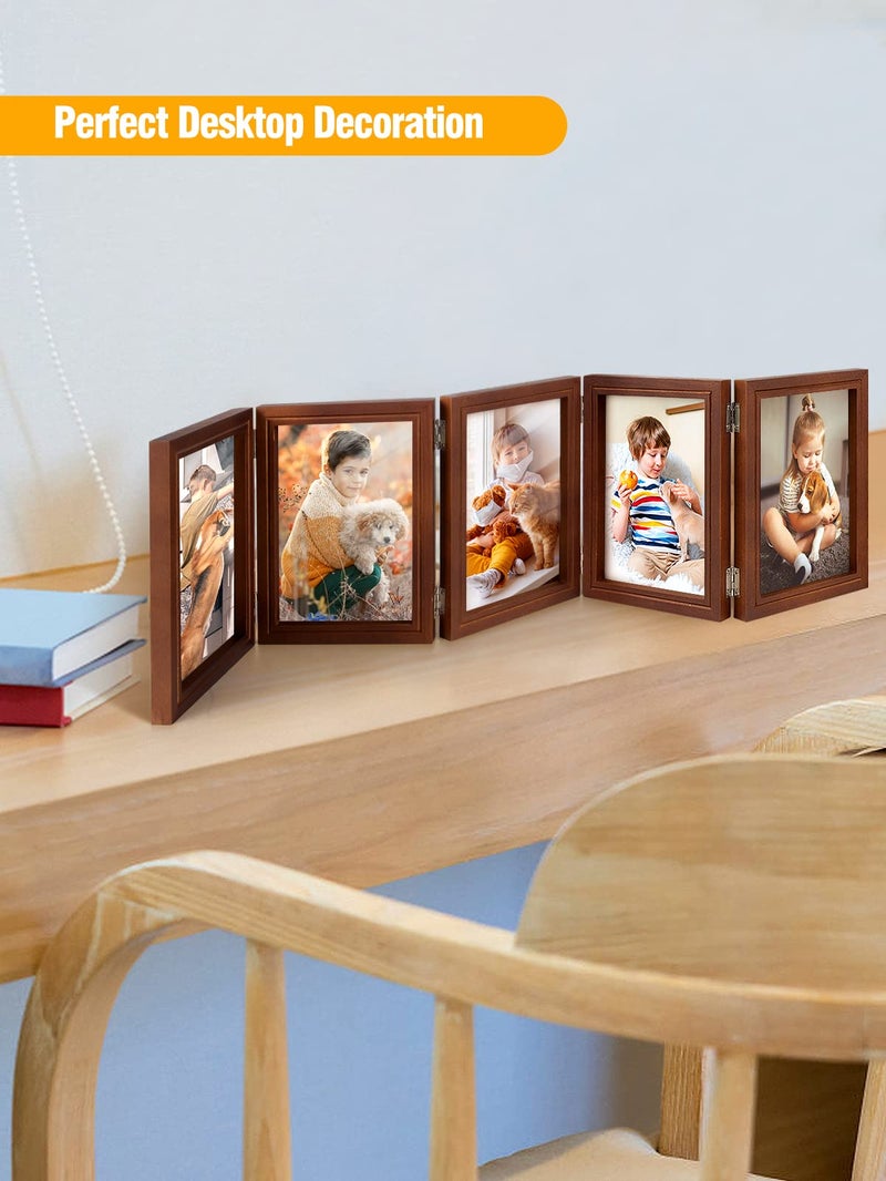 Big Gun 5 Folding 5"" x 7"" Hinged Picture Frame- Natural Wood Foldable Photo Frame Vintage Family Picture Frame Collage with Clear Acrylic Board for Desk Home Office Vertical Decor (Brown) - Image 5
