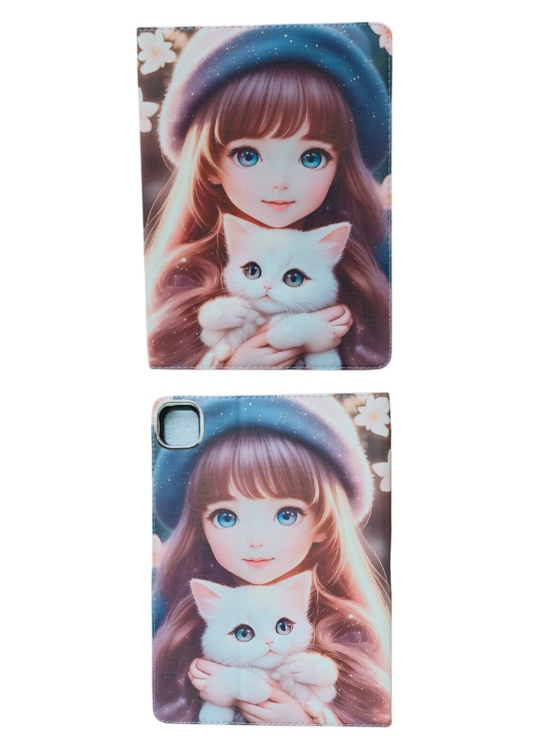 The girls have long hair and blue eyes with cat  Art Kids Shockproof Case for iPad Pro 11 Inch 3D Cartoon Case (2022/2021, 4th/3rd Generation), iPad Pro 11 Inch Cover - Image 2