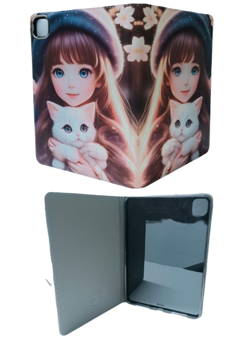 The girls have long hair and blue eyes with cat  Art Kids Shockproof Case for iPad Pro 11 Inch 3D Cartoon Case (2022/2021, 4th/3rd Generation), iPad Pro 11 Inch Cover - Image 3