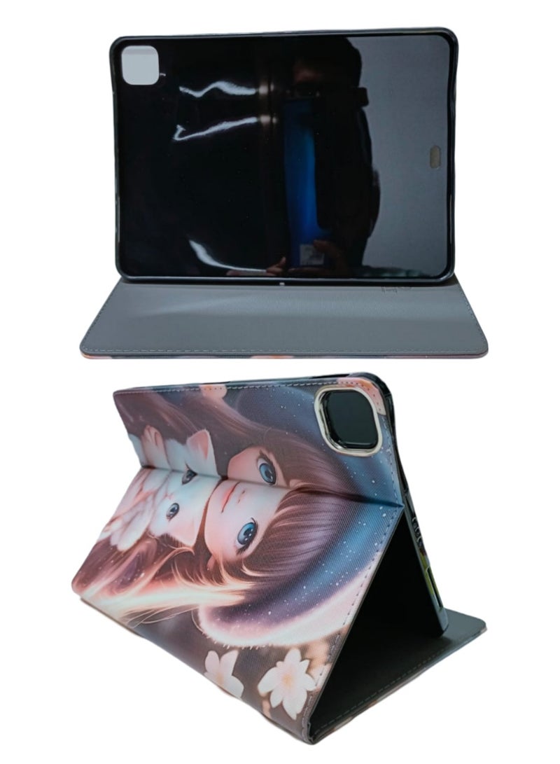 The girls have long hair and blue eyes with cat  Art Kids Shockproof Case for iPad Pro 11 Inch 3D Cartoon Case (2022/2021, 4th/3rd Generation), iPad Pro 11 Inch Cover - Image 4
