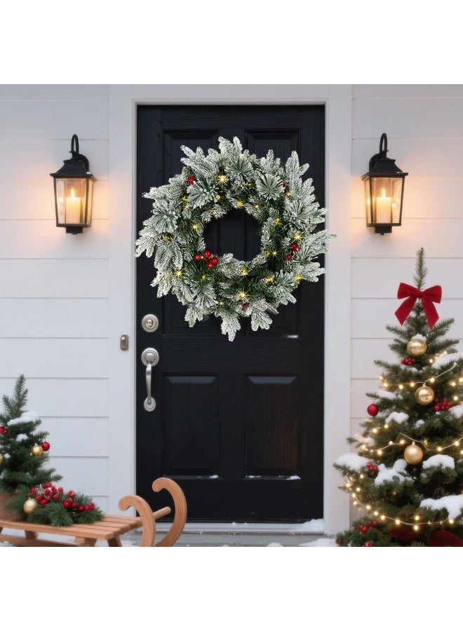 فتيرلي 50 سم المجموعة الاصطناعية عيد الميلاد تاج مع 50 أضواء LED، مزينة مع التوت الأحمر فروع الصقيع، ديكورات عيد الميلاد للباب جدار نافذة ديكور داخلي في الهواء الطلق - Image 3