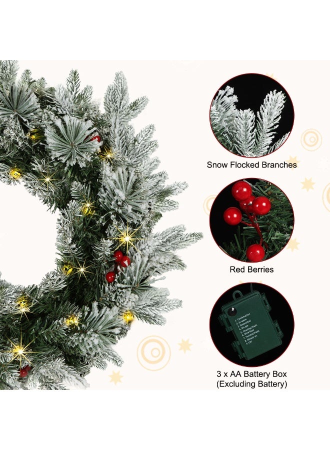 فتيرلي 50 سم المجموعة الاصطناعية عيد الميلاد تاج مع 50 أضواء LED، مزينة مع التوت الأحمر فروع الصقيع، ديكورات عيد الميلاد للباب جدار نافذة ديكور داخلي في الهواء الطلق - Image 2