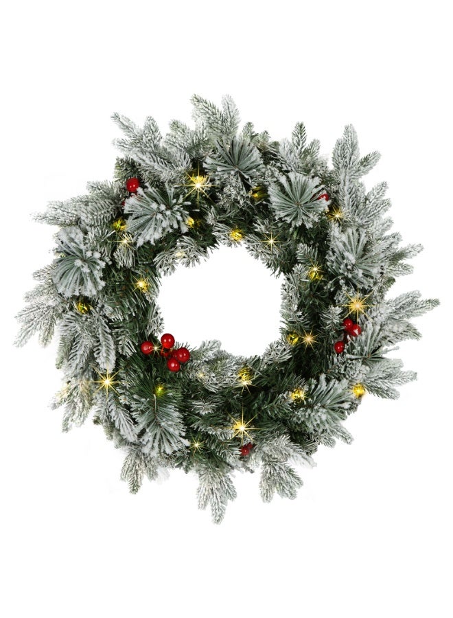 فتيرلي 50 سم المجموعة الاصطناعية عيد الميلاد تاج مع 50 أضواء LED، مزينة مع التوت الأحمر فروع الصقيع، ديكورات عيد الميلاد للباب جدار نافذة ديكور داخلي في الهواء الطلق - Image 1