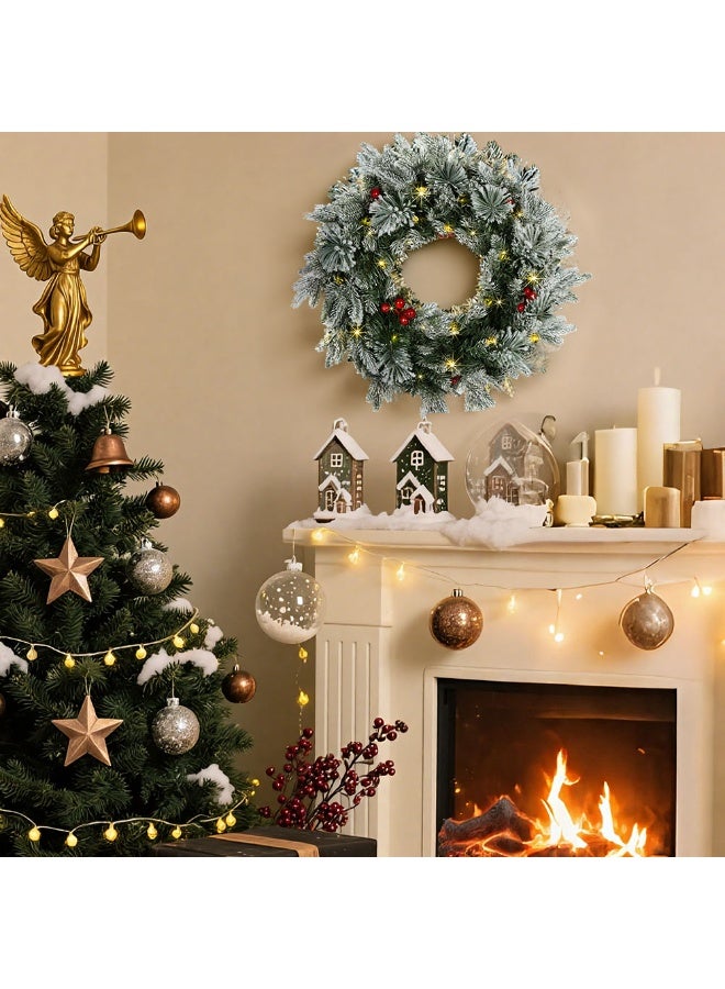 فتيرلي 50 سم المجموعة الاصطناعية عيد الميلاد تاج مع 50 أضواء LED، مزينة مع التوت الأحمر فروع الصقيع، ديكورات عيد الميلاد للباب جدار نافذة ديكور داخلي في الهواء الطلق - Image 4