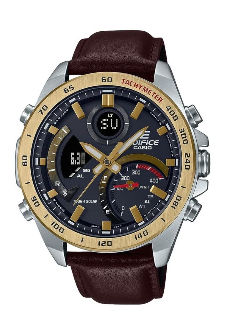 Casio EDIFICE Men, Smartphone Link, Black Dial, Digital Analog, Solar Powered, Genuine Leather Band,Gold Ion plated Bezel - ECB-900GL-1ADR - Image 1