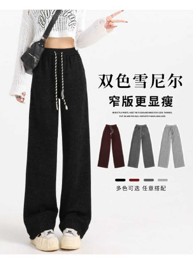 Hstyle Chenille High-waisted Wide-leg Pants For Women, Thickened Autumn/spring Fashion Slimming Versatile Narrow-cut Casual Trousers - Image 1