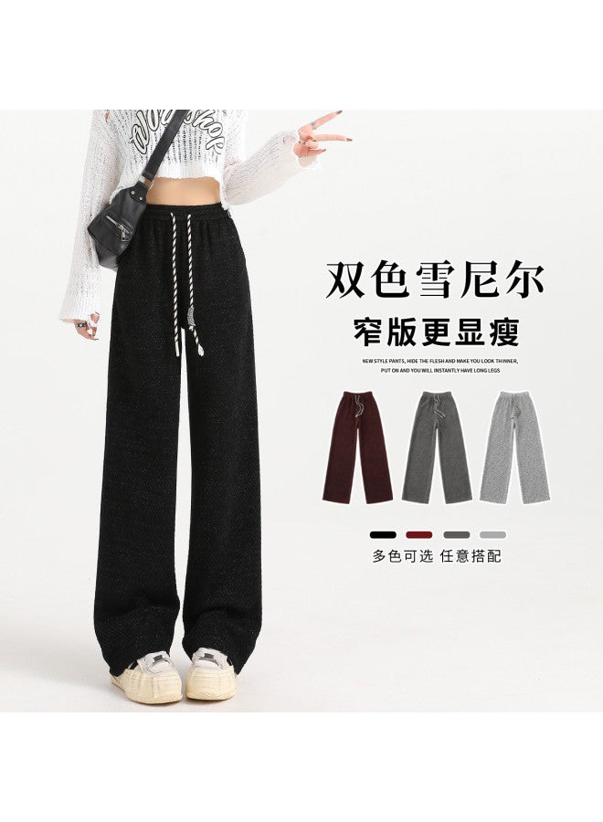 Hstyle Chenille High-waisted Wide-leg Pants For Women, Thickened Autumn/spring Fashion Slimming Versatile Narrow-cut Casual Trousers - Image 2