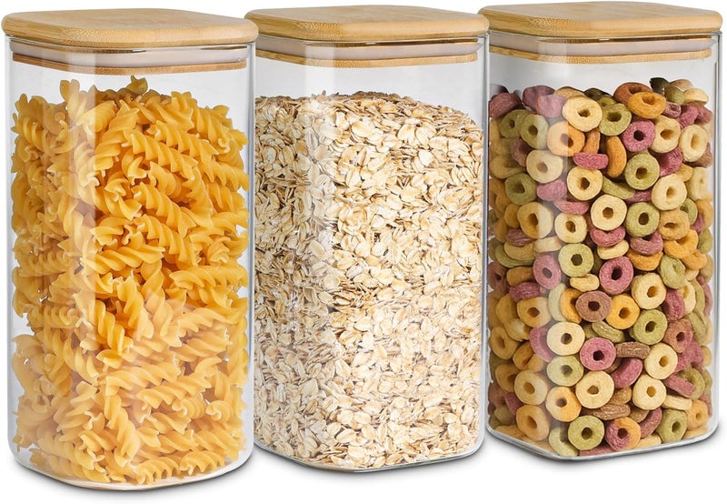 ComSaf Airtight Glass Storage Canister with Wood Lid (50oz), Clear Food Storage Container Jar with Sealing Bamboo Lid for Noodles Flour Cereal Rice Sugar Tea Coffee Beans, Set of 3 - Image 1