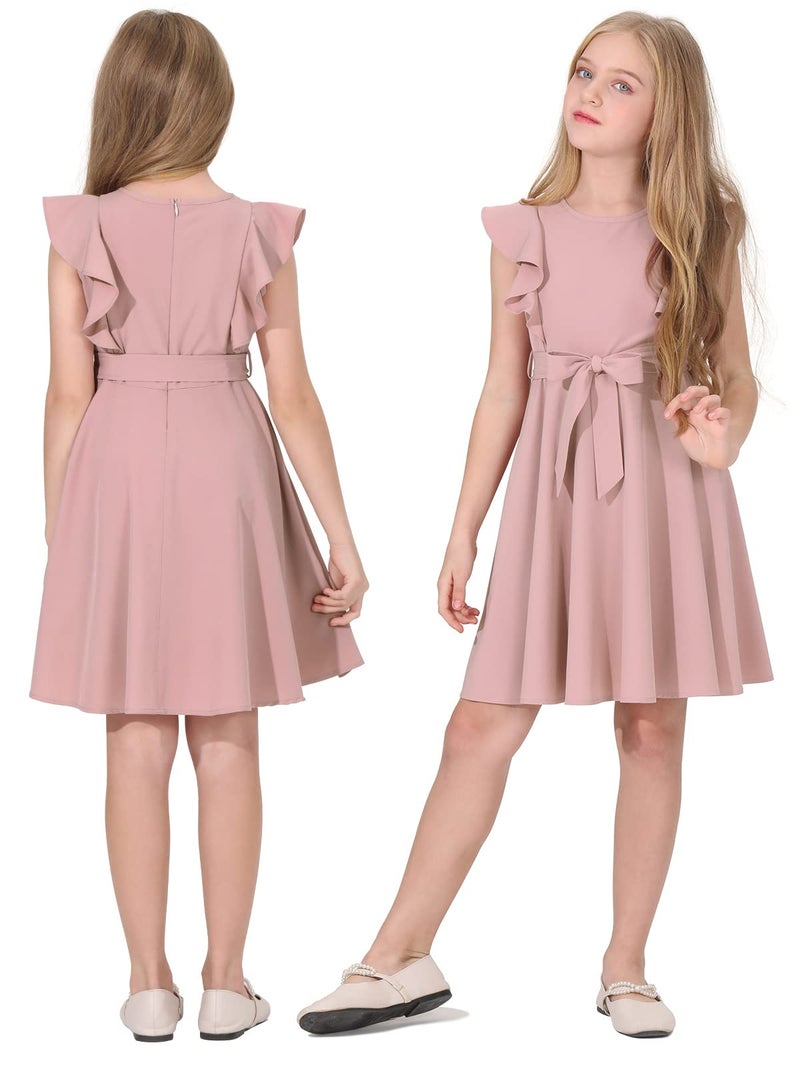 Quedoris Girls Ruffle Trim Sleeveless Belted Dress with Zipper Grey Pink 150Y - Image 4