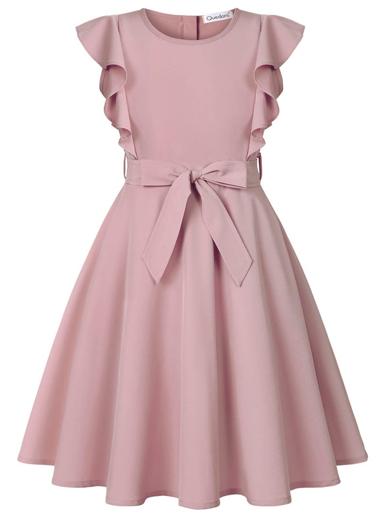 Quedoris Girls Ruffle Trim Sleeveless Belted Dress with Zipper Grey Pink 150Y - Image 3