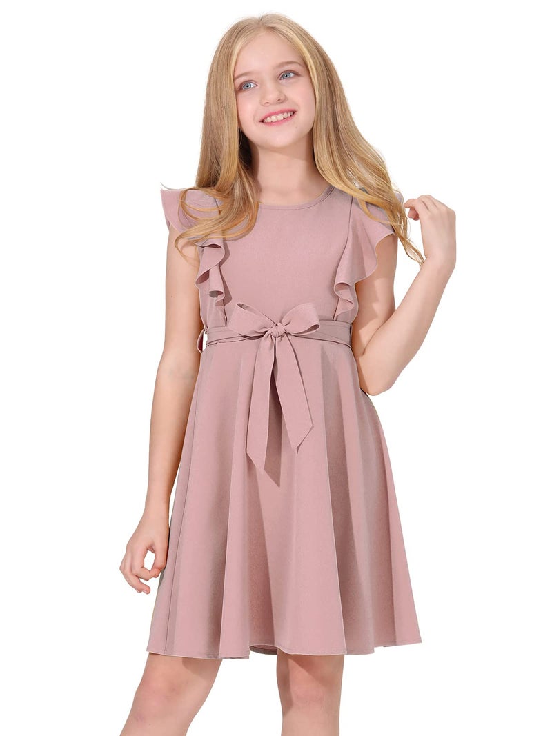 Quedoris Girls Ruffle Trim Sleeveless Belted Dress with Zipper Grey Pink 150Y - Image 1
