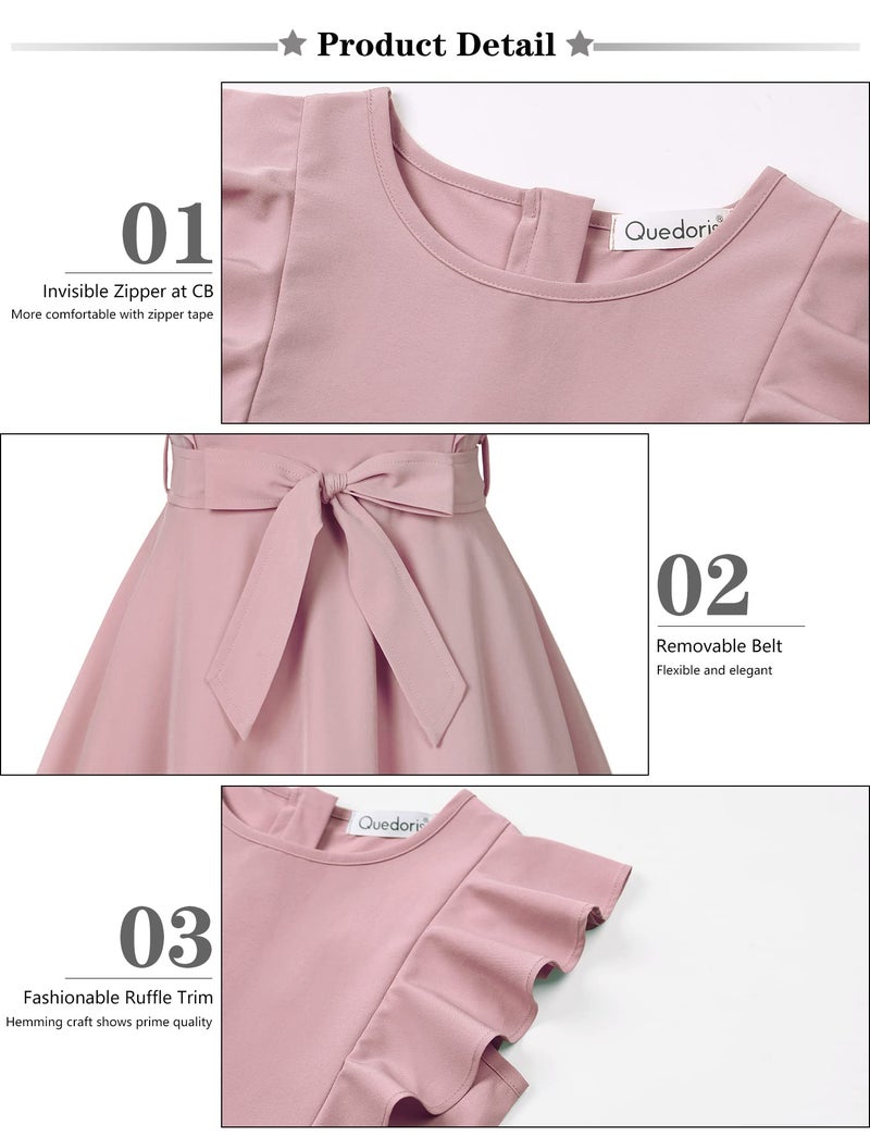 Quedoris Girls Ruffle Trim Sleeveless Belted Dress with Zipper Grey Pink 150Y - Image 5