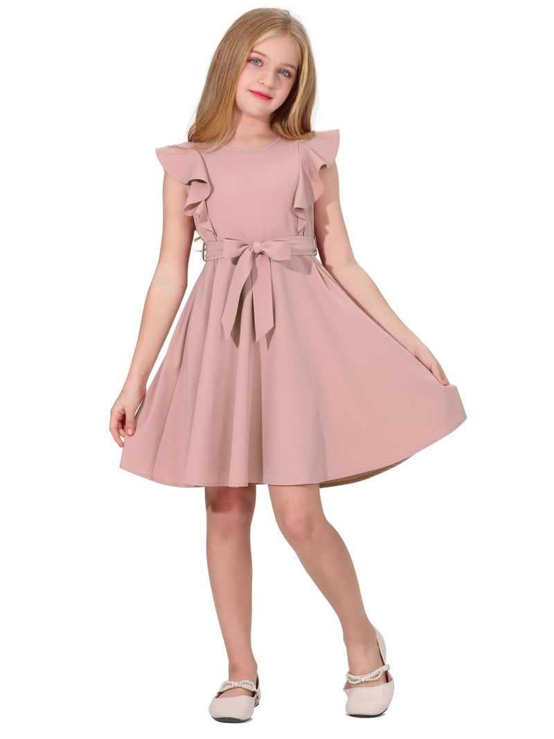 Quedoris Girls Ruffle Trim Sleeveless Belted Dress with Zipper Grey Pink 150Y - Image 2
