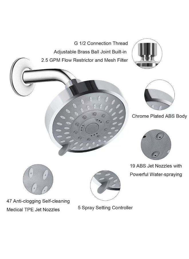 5 Spray Settings Fixed Shower Head, High Pressure Chrome Plated ABS Rain Shower Head with Adjustable Brass Ball Joint, Anti-Clog Nozzles, G1/2 Connection - Image 2