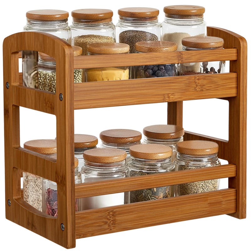 Briful Bamboo Spice Rack Organizer for Countertop, 2-Tier Seasoning Shelf Small Spice Holder for Kitchen Organization Pantry & Cabinet Decor, Brown - Image 1