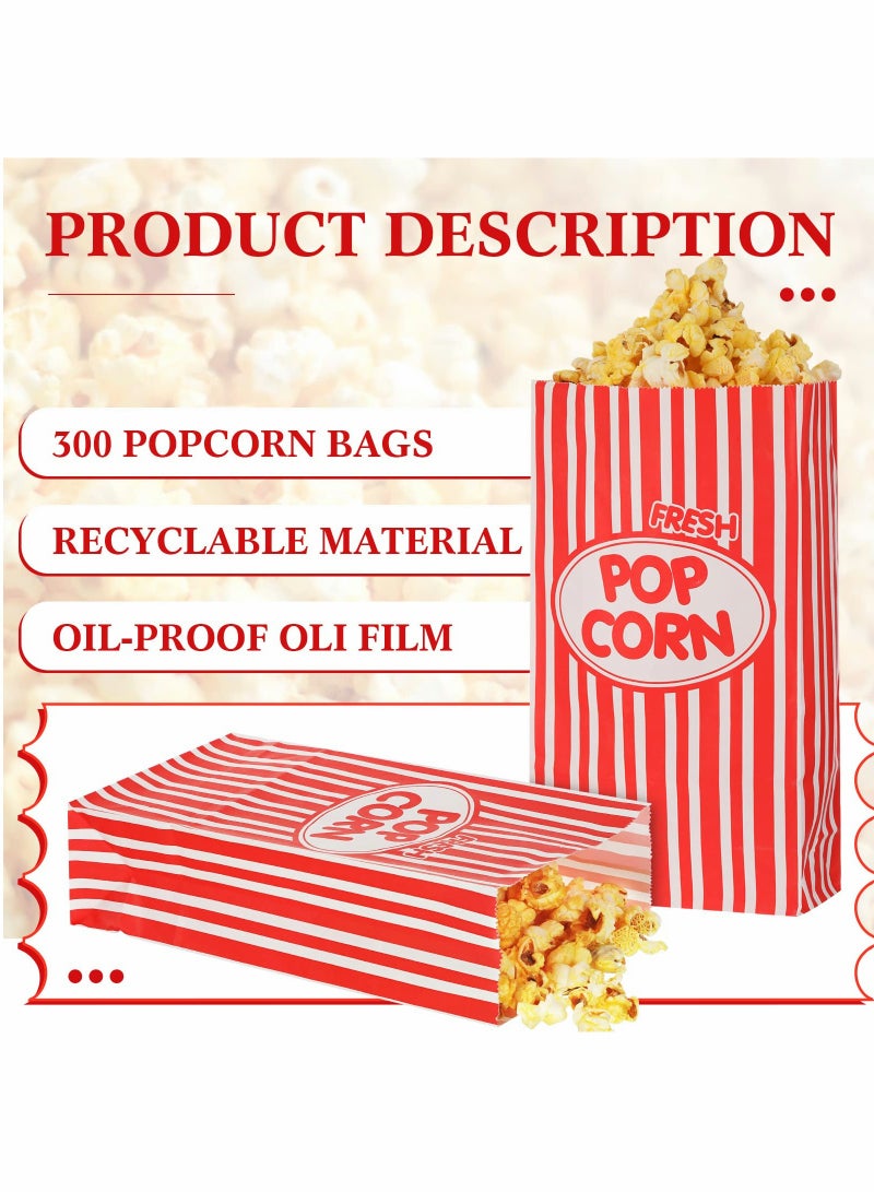 300 Pcs Red & White Striped Paper Popcorn Bags - Perfect for Parties, Carnivals, and Movie Theaters, 1 oz Flat Bottom Snack Holders, 3.54 x 2.36 x 8.27 Inches - Image 2
