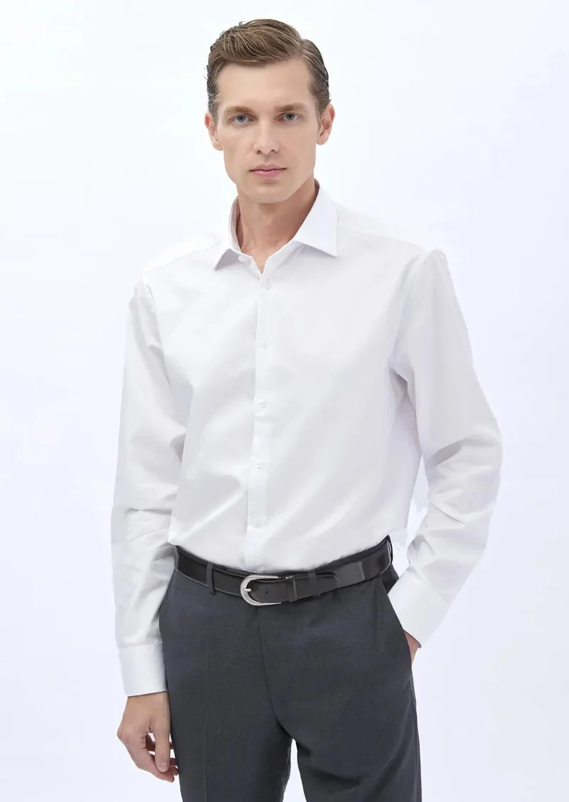 RAMSEY White Plain Regular Fit Weaving Classical 100% Cotton Shirt