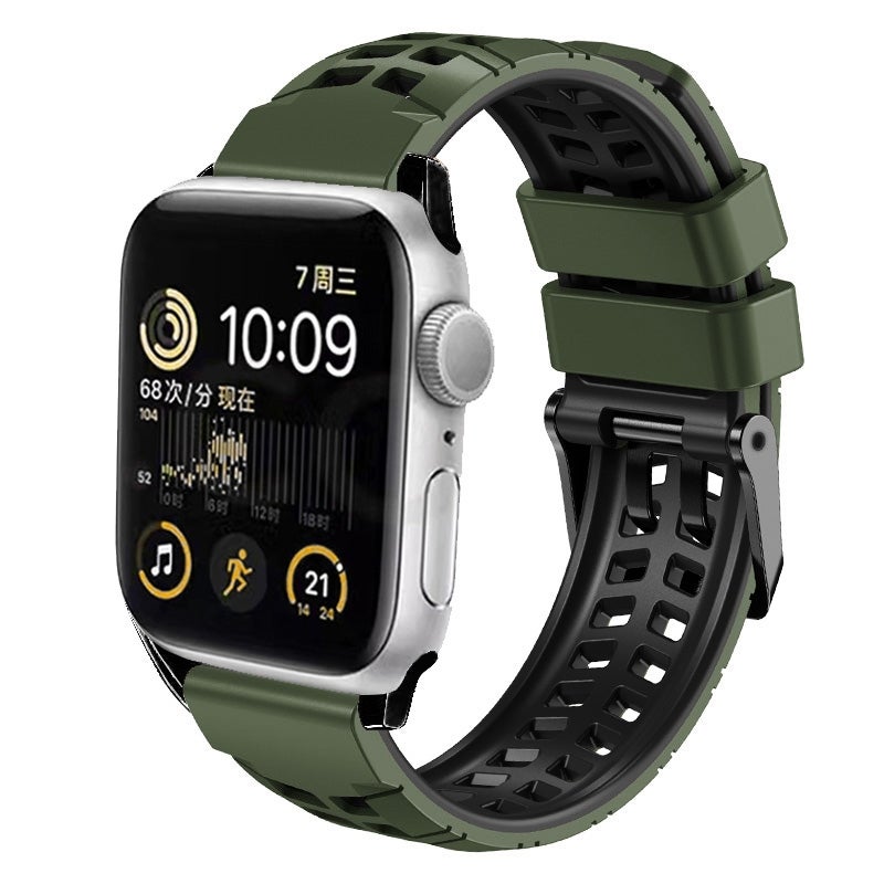 إيروريكس سوار ساعة Apple Watch Series 2 مقاس 42 مم من السيليكون بمشبك مزدوج الصف (أخضر عسكري أسود) - Image 1