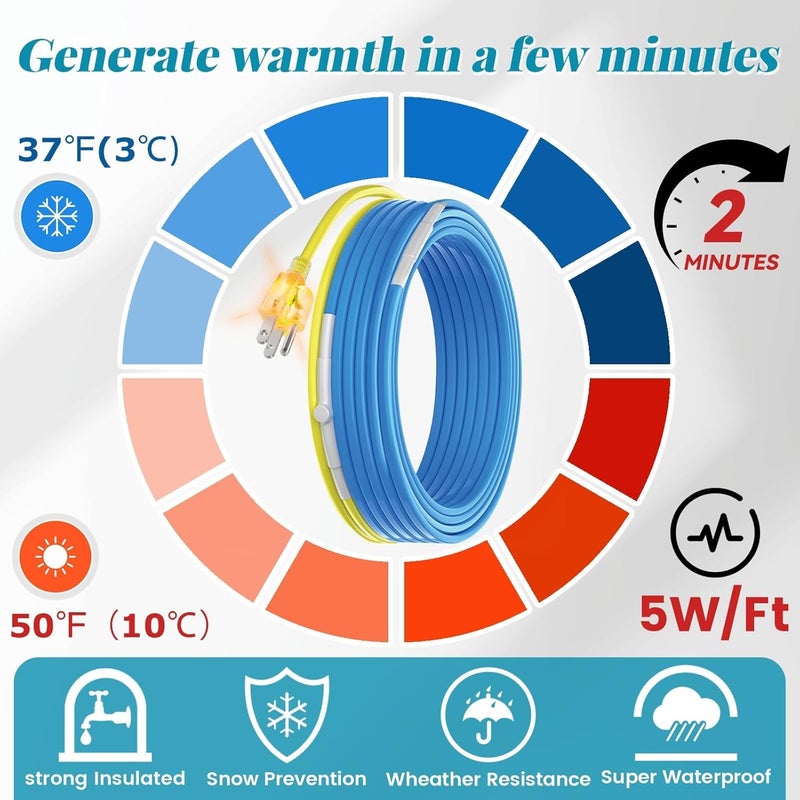 YeloDeer 15 FT Heat Tape for Water Pipes Kit for Winter Pipe Freeze Protection, Self-Regulating Heater Trace Cable with 7.1"W X 10.7"H Outdoor Faucet Cover 5W/Ft 120V - Image 4