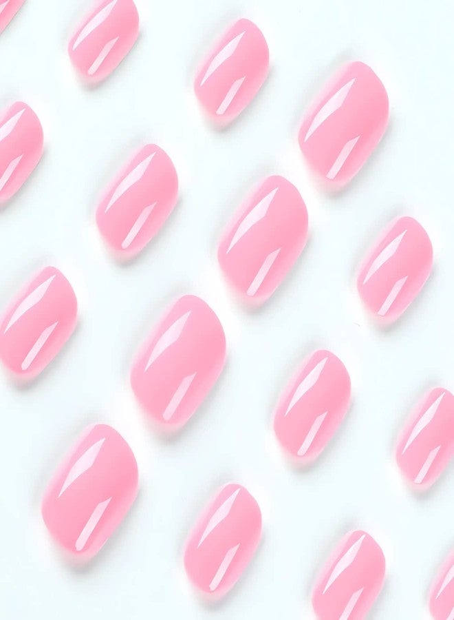 HJKDSFD Square Press on Nails - Short, False, Glossy Rose Pink Acrylic Nails - Full Cover Glue on, Stick on Design for Women's Manicure Art Decorations - Image 2