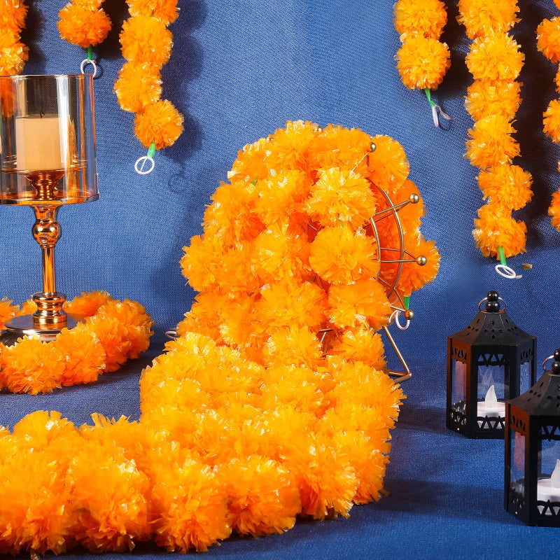 Giegxin 15 Pack Marigold Garland for Decoration 5 ft Long Strands Faux Artificial Marigold Flowers Indian Wedding Party Mantle Decor for Pooja Wedding Valentine Easter Spring Garland(Light Orange) - Image 2