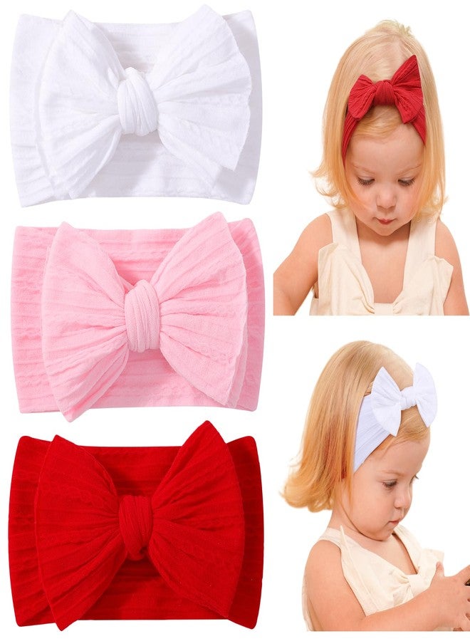 jollybows 3PCS Baby Bows Headbands Soft Nylon Baby Girl Headbands for Newborn Infant Toddler Kids Cute Bow Wide Hairbands Hair Accessories(White+Red+Light Pink) - Image 1
