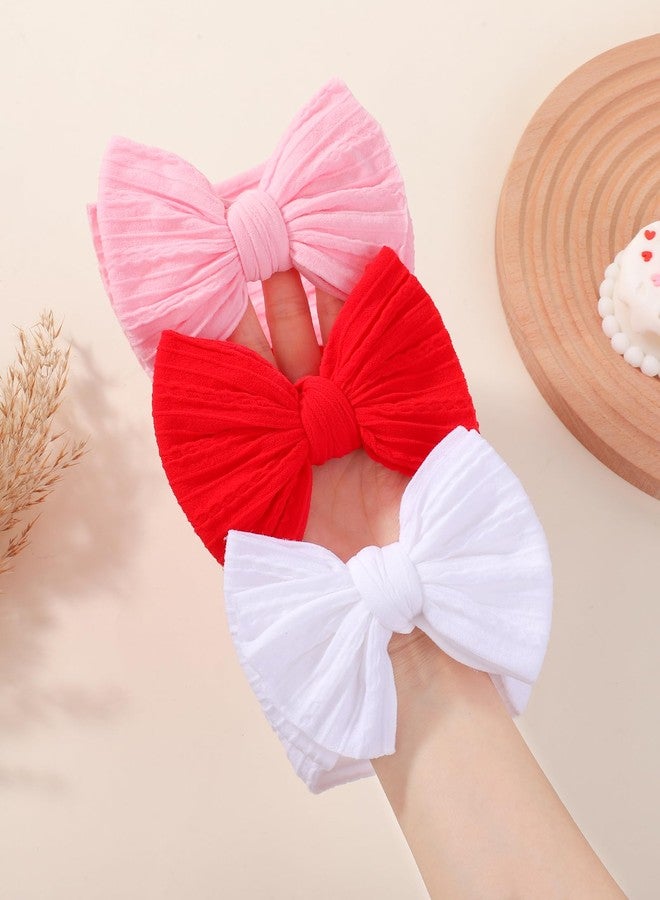 jollybows 3PCS Baby Bows Headbands Soft Nylon Baby Girl Headbands for Newborn Infant Toddler Kids Cute Bow Wide Hairbands Hair Accessories(White+Red+Light Pink) - Image 5