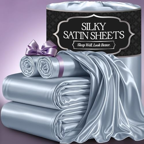 DECOLURE Satin Bed Sheets 4 Piece Luxury Silky Queen Size Bedding Set Softer Than Silk WrinkleFree with 15 Deep Pocket Fitted Sheet Perfect for Hair Skin Gifts for Women Baby Blue
