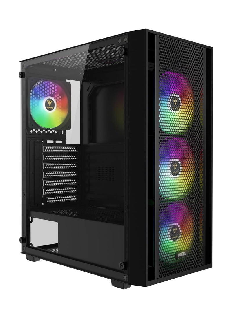 جامدياس - حافظة كمبيوتر GAMDIAS، حافظات كمبيوتر ATX للألعاب، برج متوسط، لوحة جانبية من الزجاج المقوى بدون أدوات، لوحة أمامية شبكية عالية تدفق الهواء، 4 مراوح ARGB مثبتة مسبقًا مقاس 120 مم، أسود، AURA GC2 ELITE ARGB - Image 1