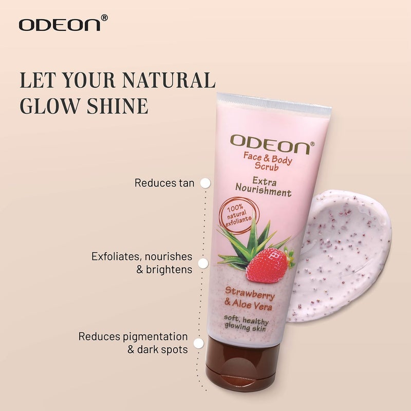 ODEON Strawberry Aloe Vera Face and Body Scrub 100ml Scrub for Tan Removal Gentle Exfoliation Scrub for a Smoother Complexion - Image 3