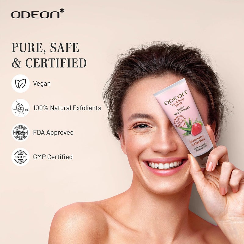 ODEON Strawberry Aloe Vera Face and Body Scrub 100ml Scrub for Tan Removal Gentle Exfoliation Scrub for a Smoother Complexion - Image 5